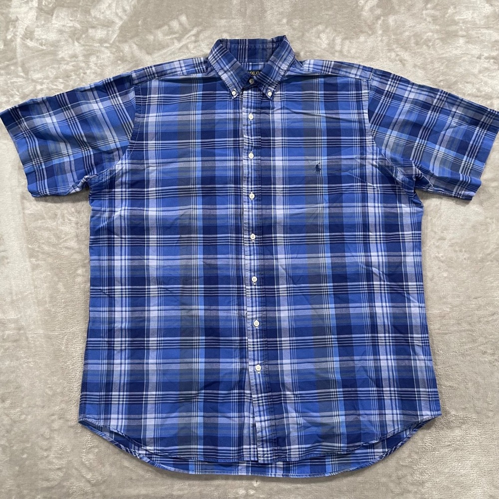 Polo Ralph Lauren Mens XLT Blue Short Sleeve Button Down Preppy Plaid
